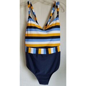 Kona Sol Strappy Navy Stripe Swimsuit One-Piece 14W Plus Blue White Yellow $40